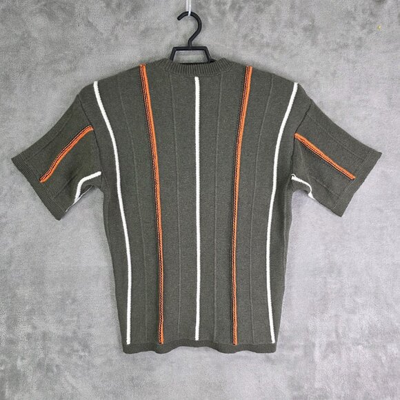 Mens Zara Green Knit Sweater Orange & White Stripes Short Sleeve Size M - Picture 5 of 8